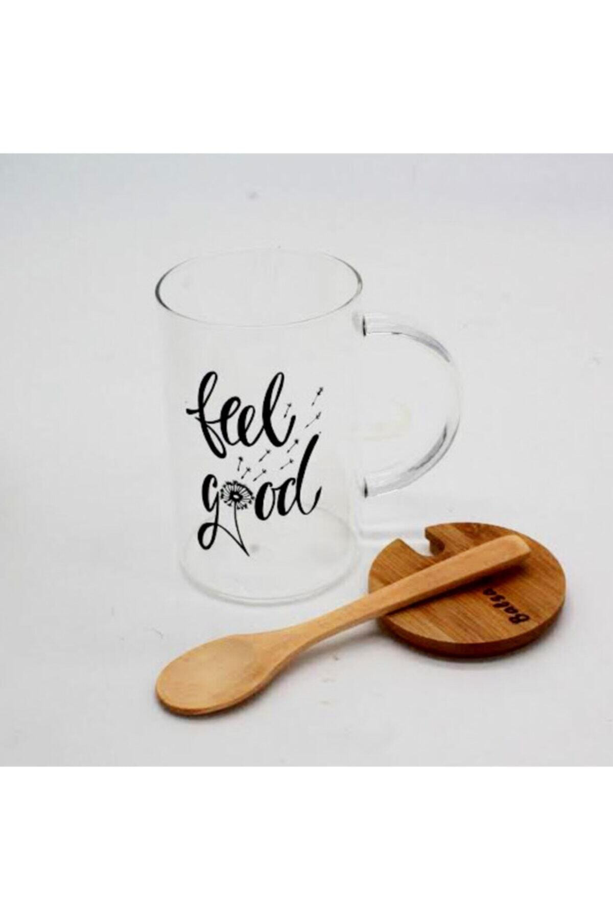 Porgold Bambu Kapaklı Ve Kaşıklı Borosilikat Cam Kupa Bardak