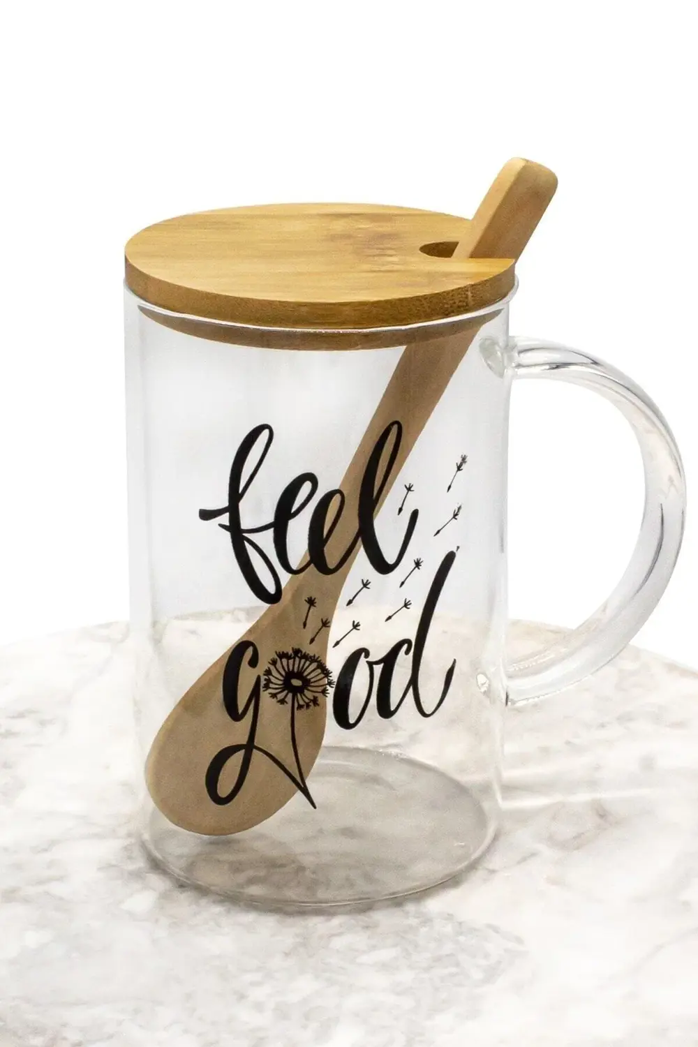 Bambu Kapaklı Ve Kaşıklı Borosilikat Cam Kupa Bardak