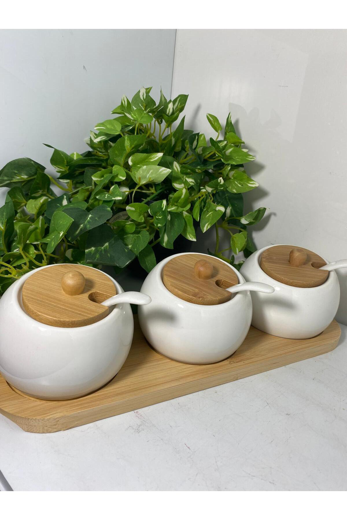 Bambu Kaşıklı Porselen Baharatlık