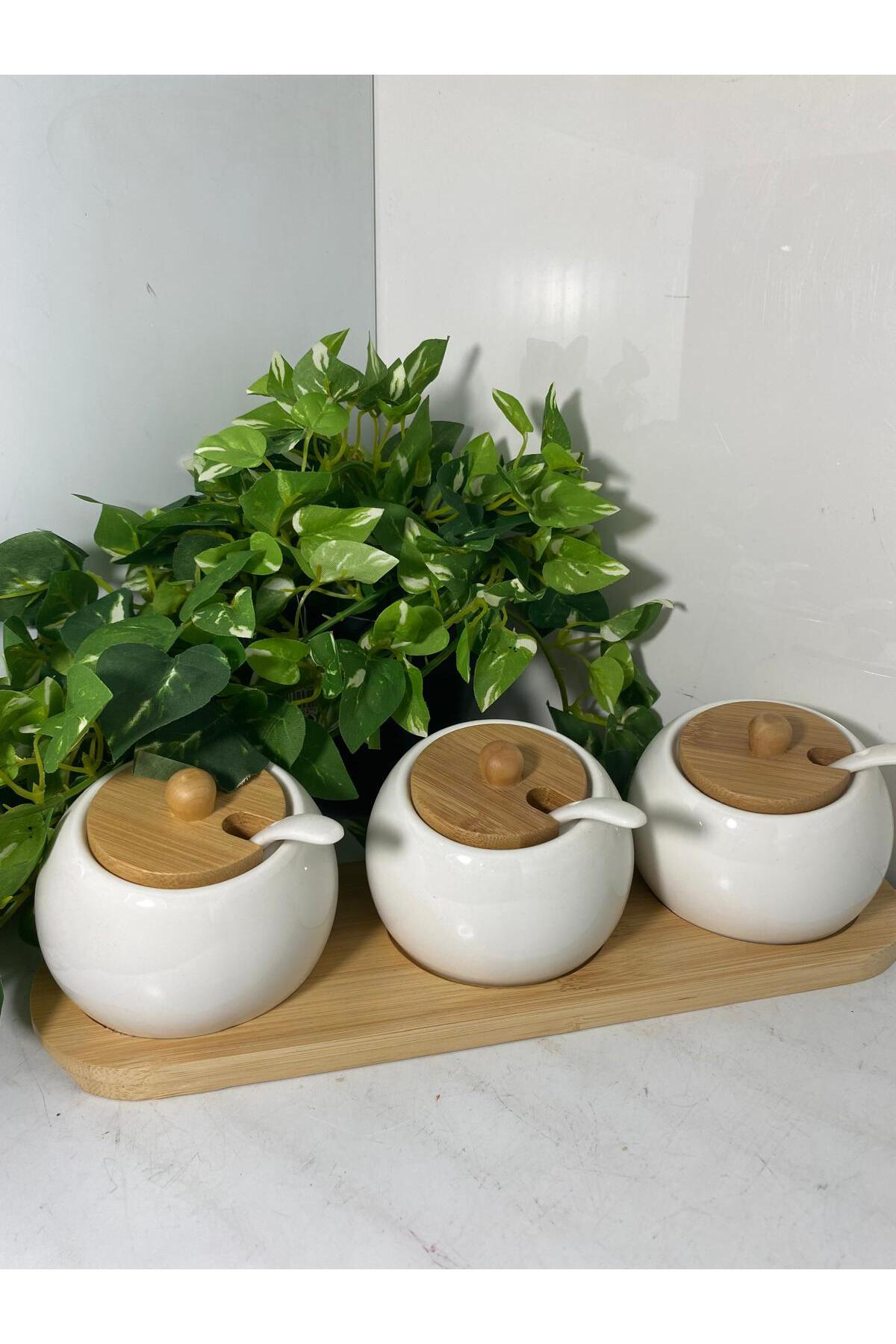 Bambu Kaşıklı Porselen Baharatlık