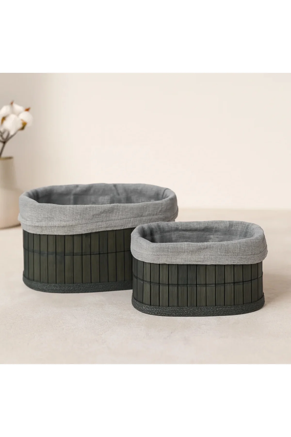 Bambu Kenarlı Oval Organizer Sepet (Ahşap Tabanlı, Bezli) 21x14-25x16 cm