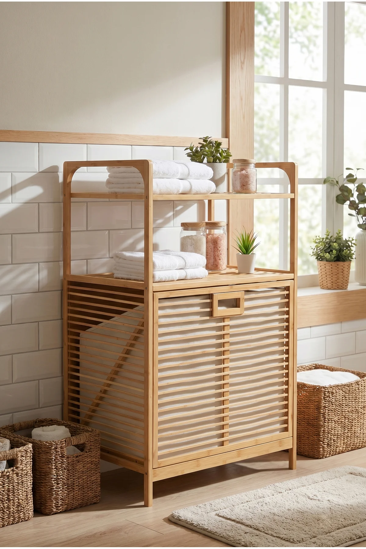 Bambu Kirli Sepetli 2 Raflı Çok Amaçlı Banyo Düzenleyici Çamaşır Sepeti Organizer 64*40*95cm Fiyatı, Yorumları ve Özellikleri