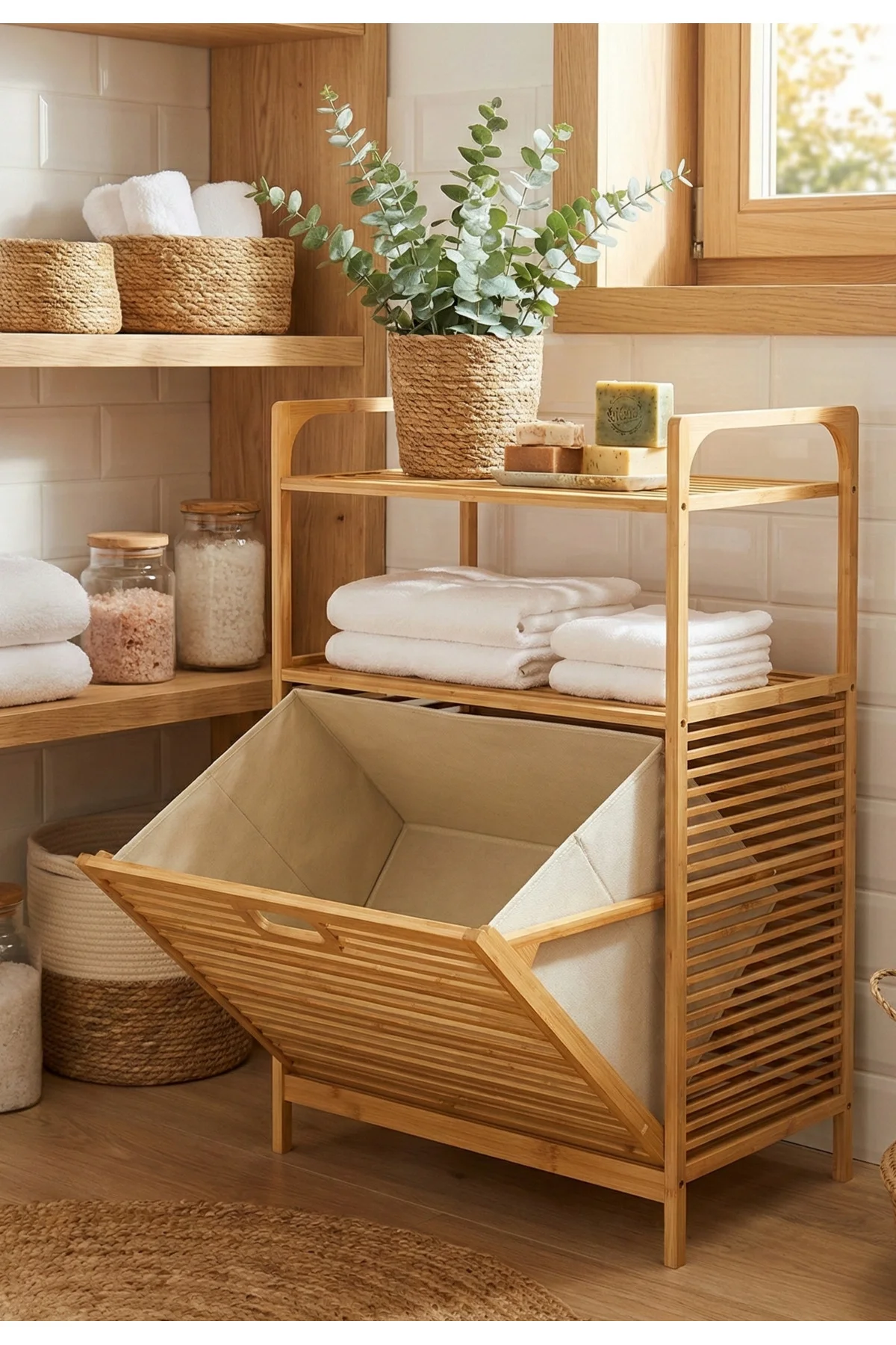 Bambu Kirli Sepetli 2 Raflı Çok Amaçlı Banyo Düzenleyici Çamaşır Sepeti Organizer 64*40*95cm Fiyatı, Yorumları ve Özellikleri