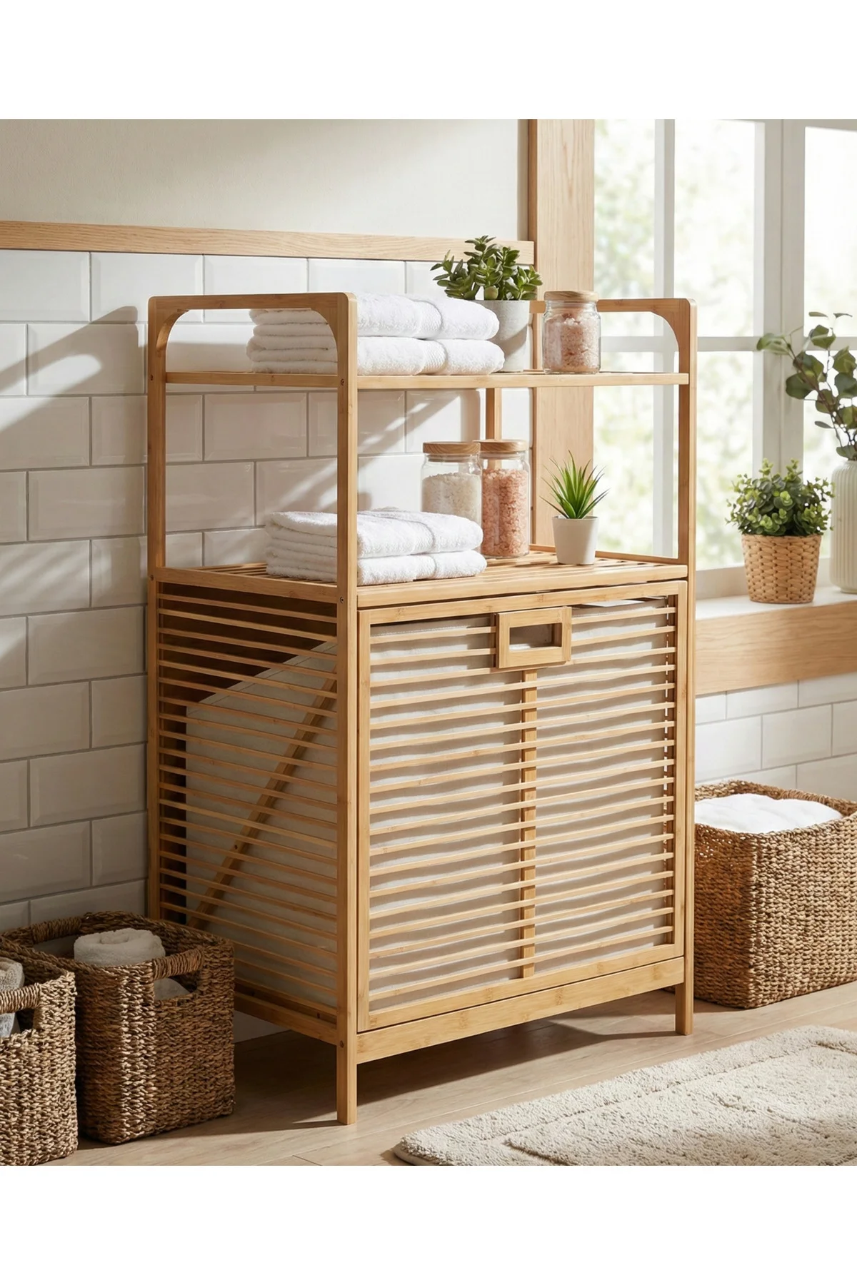 Bambu Kirli Sepetli 2 Raflı Çok Amaçlı Banyo Düzenleyici Çamaşır Sepeti Organizer 64*40*95cm Fiyatı, Yorumları ve Özellikleri