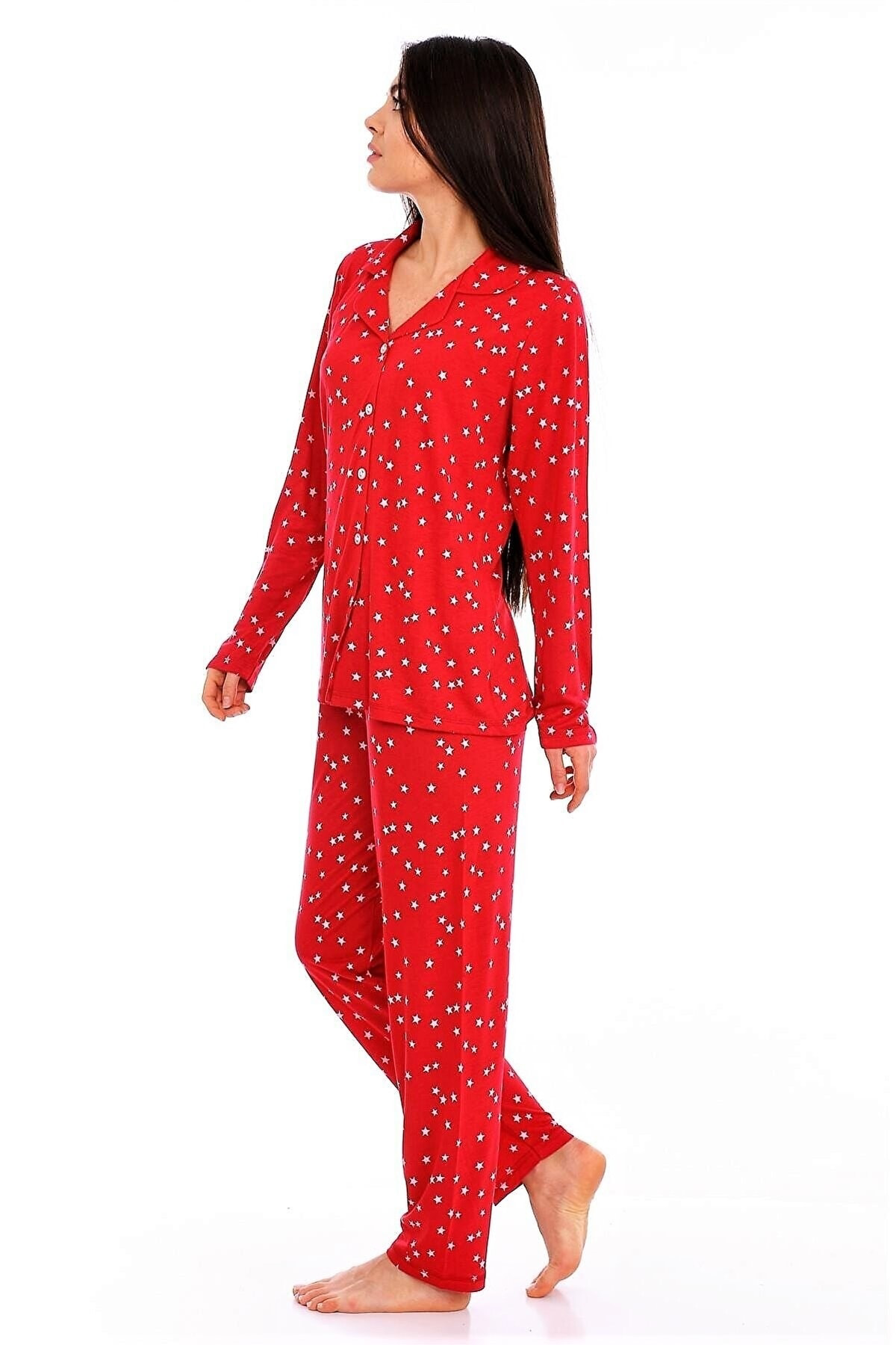 Etoile Bambu, Kırmızı, Boydan Düğmeli Kadın Pijama Takımı Evia