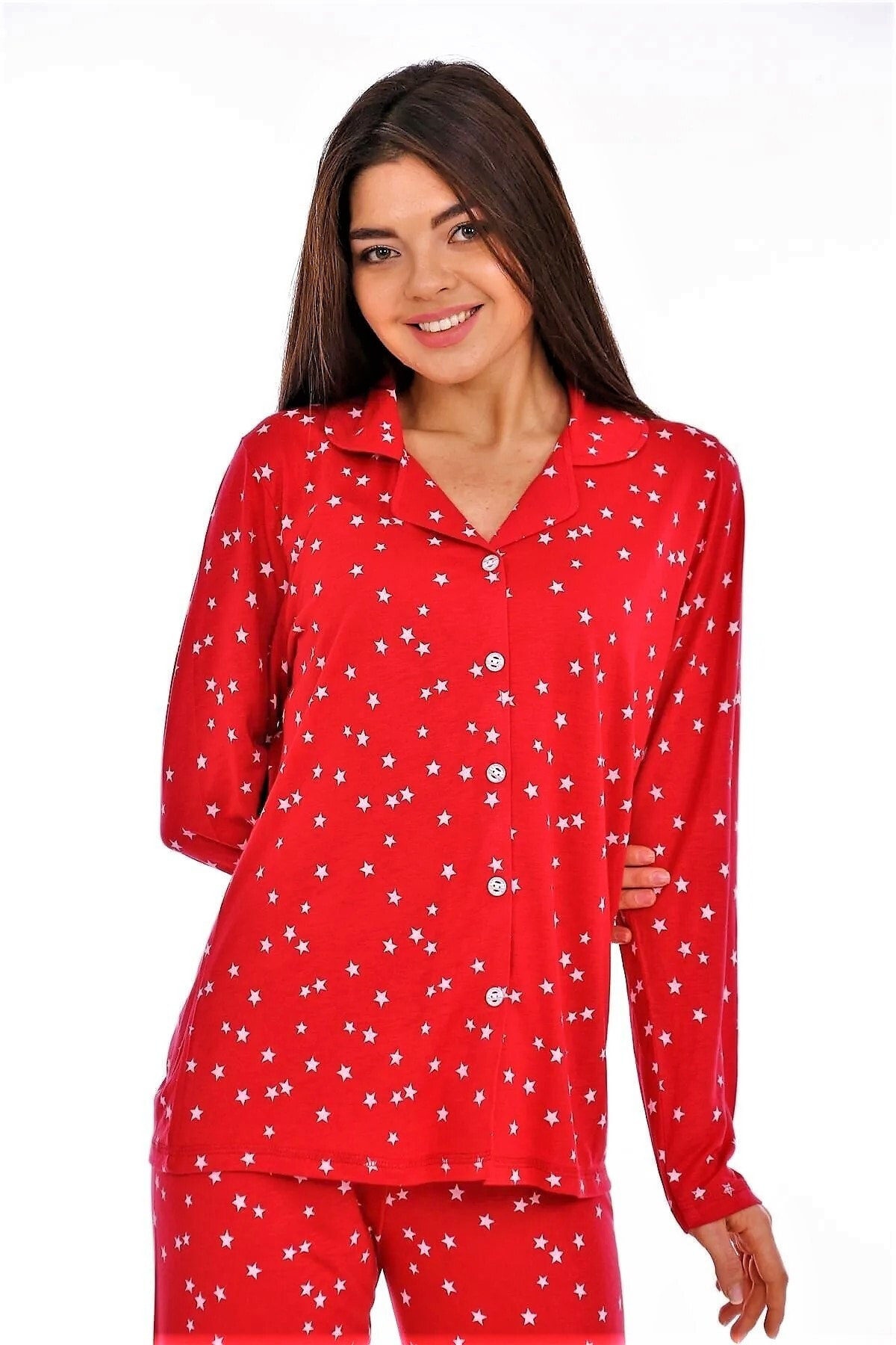 Etoile Bambu, Kırmızı, Boydan Düğmeli Kadın Pijama Takımı Evia