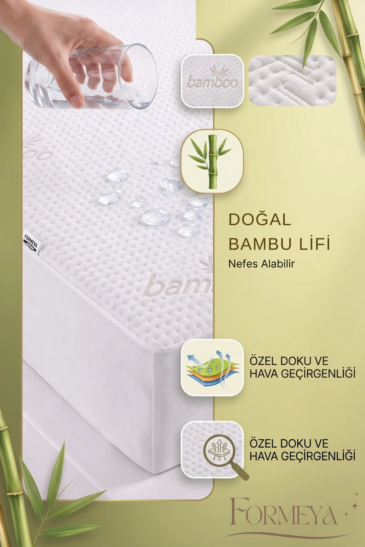 Bambu Kumaş Premium Sıvı Geçirmez Fitted Alez | Doğal Bambu Lüks Yatak Koruyucu Sessiz Alez