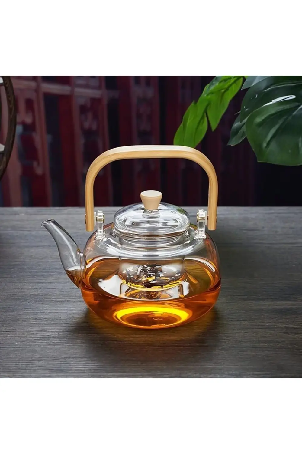 Bambu Saplı Dayanıklı Borosilikat Cam Süzgeçli Demlik 1000ml, Day