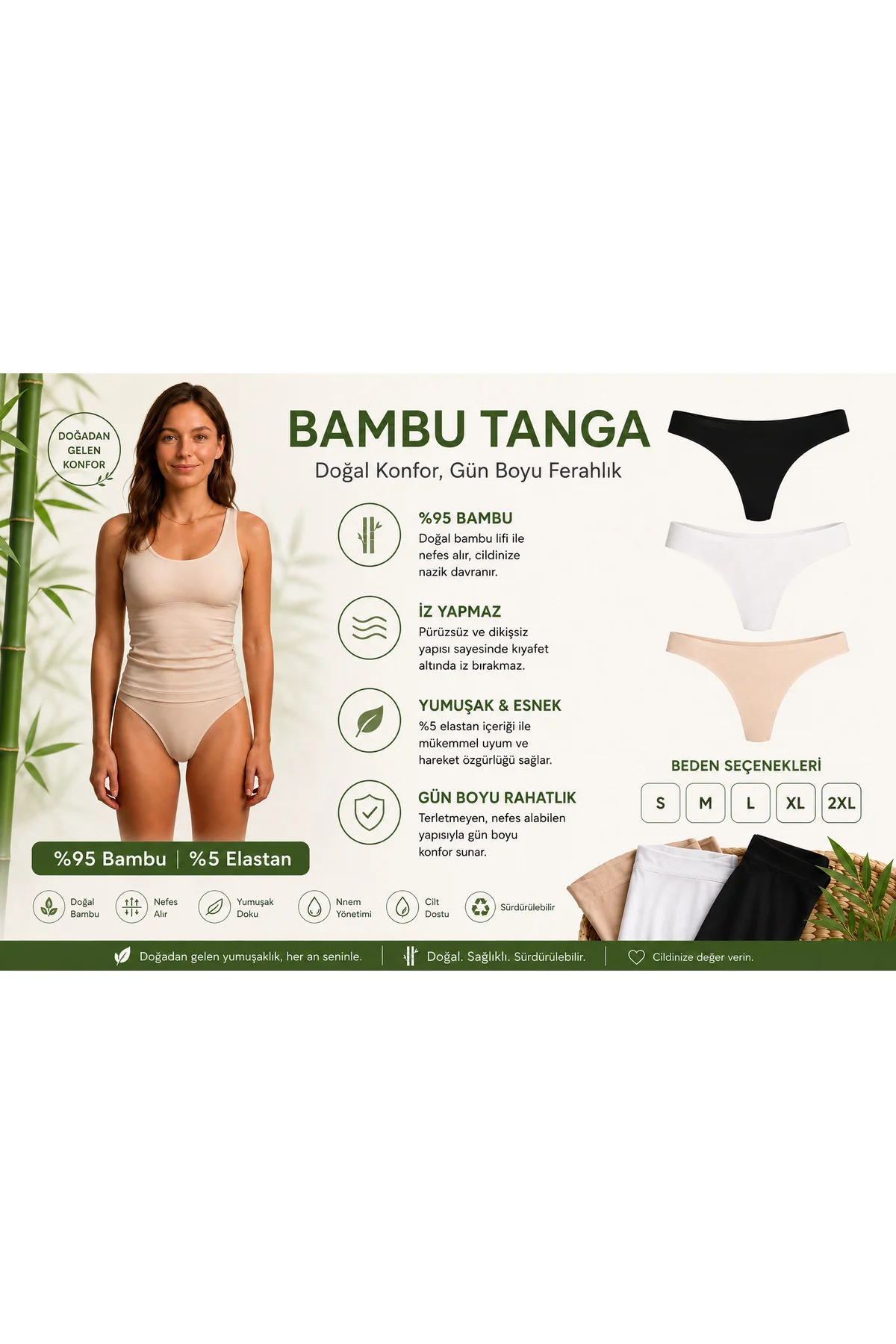 Bambu Tanga Kadın String Külot İz Yapmaz Dikişsiz Siyah Beyaz Ten 3'lü Paket Bambu Tanga Kadın String Külot İz Yapmaz Dikişsiz Siyah Beyaz Ten 3'lü Paket