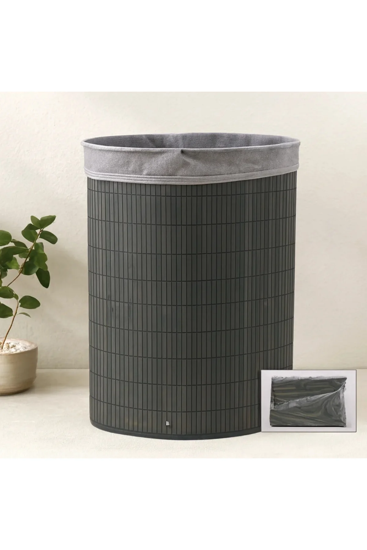 Bambu Üçgen Kirli Çamaşır Sepeti 35x60 cm - Kapaklı, Kumaş Torbalı