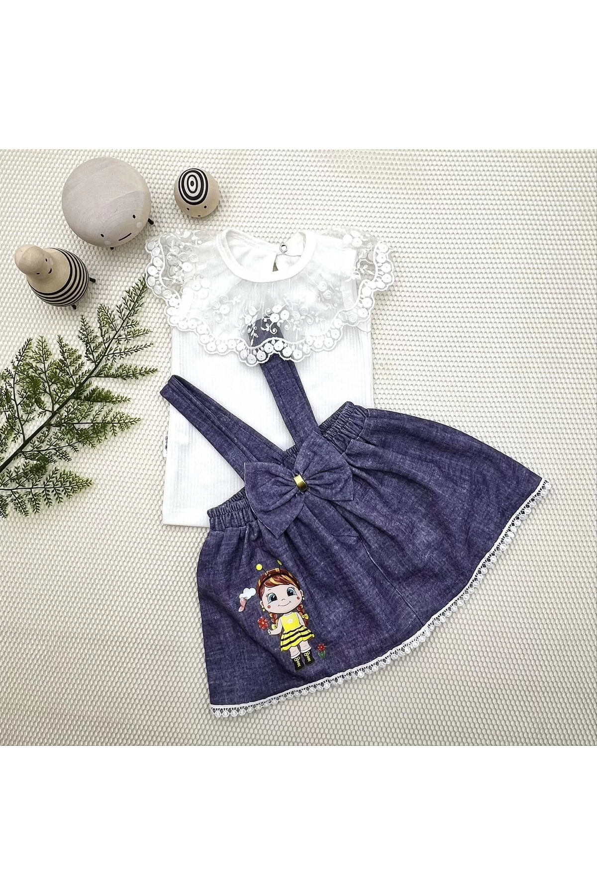 Shop58 Ban Ari Nakişli Kot Desenli Etek Pamuklu Kumaş 2Li Kiz Bebek Salo
