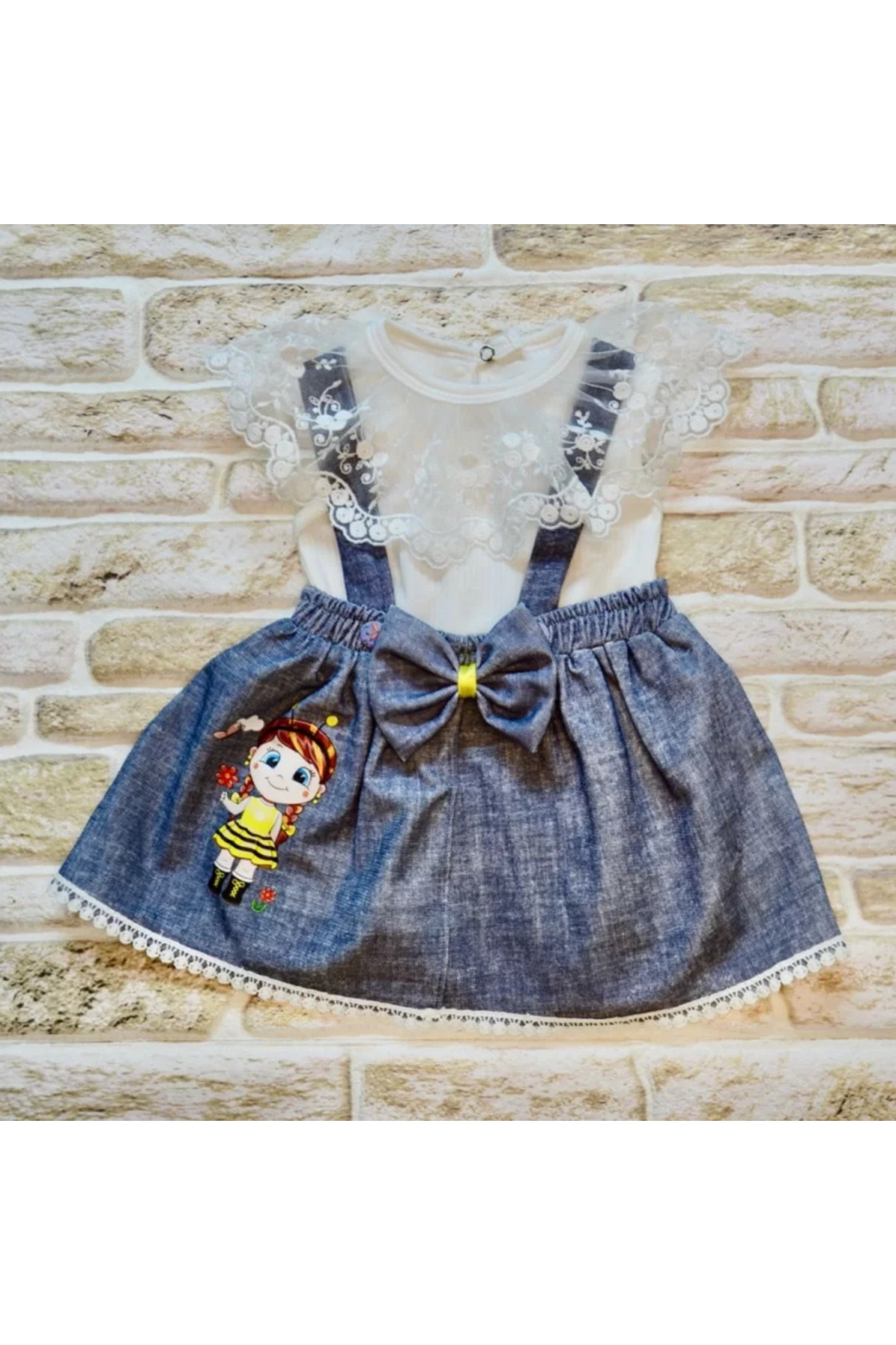 Shop58 Ban Ari Nakişli Kot Desenli Etek Pamuklu Kumaş 2Li Kiz Bebek Salo