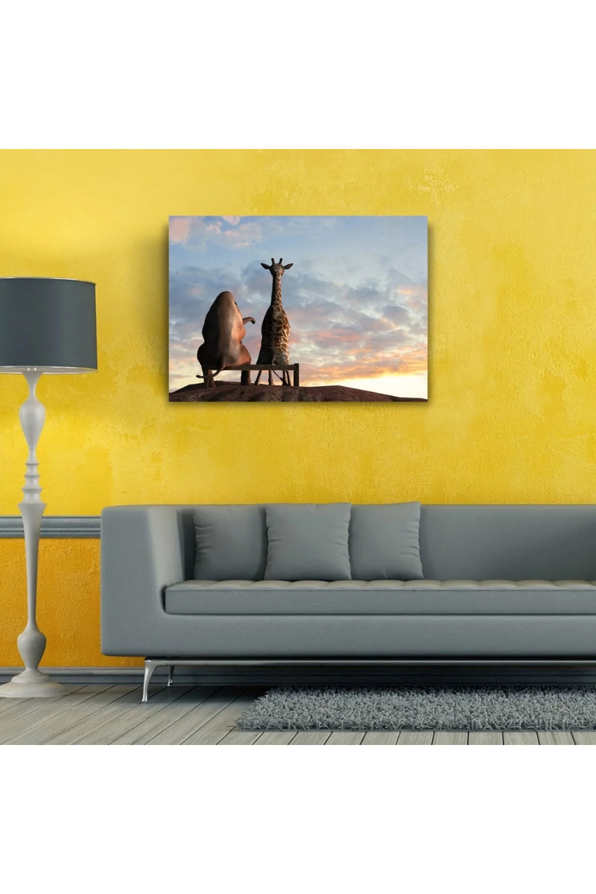 Banktaki Fil ve Zürafa Kanvas Tablo 50 x 70