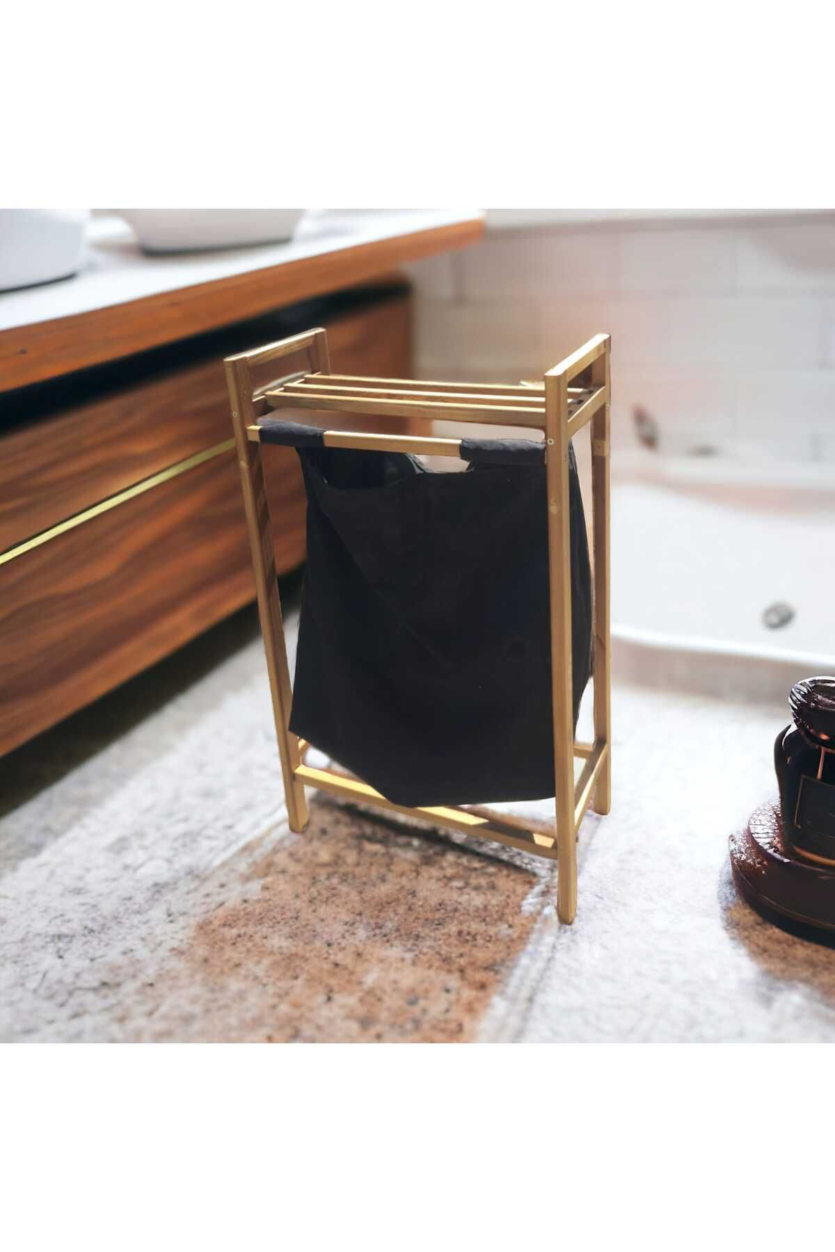 Worldofwood Banyo Düzenleyici Çamaşir Sepeti Ahşap Rafli Kirli Sepeti Keten K