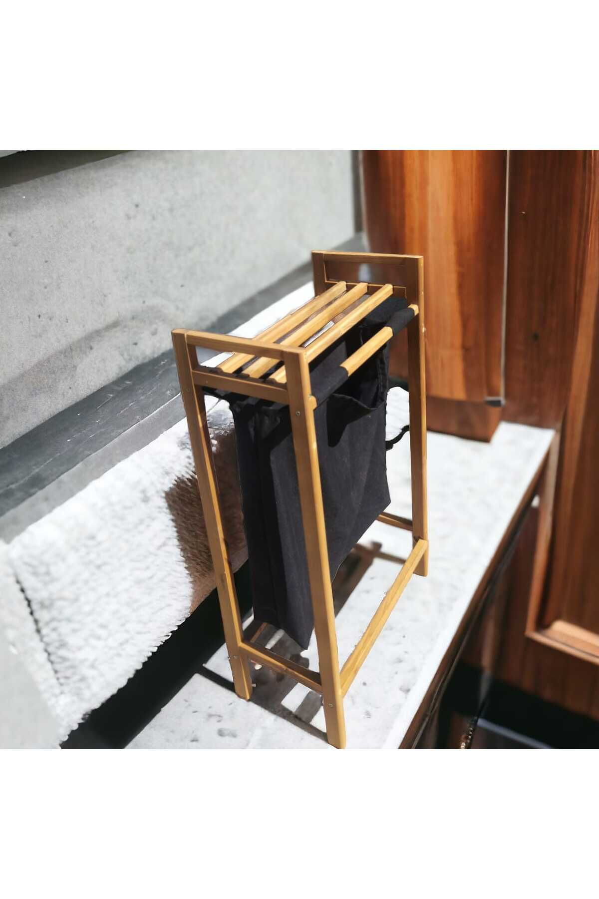 Worldofwood Banyo Düzenleyici Çamaşir Sepeti Ahşap Rafli Kirli Sepeti Keten K