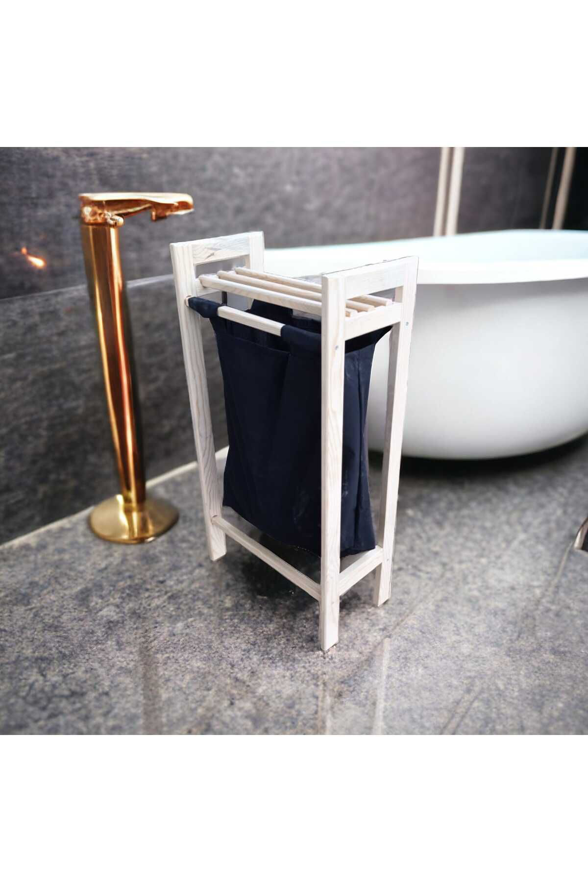 Worldofwood Banyo Düzenleyici Çamaşir Sepeti Ahşap Rafli Kirli Sepeti Keten K