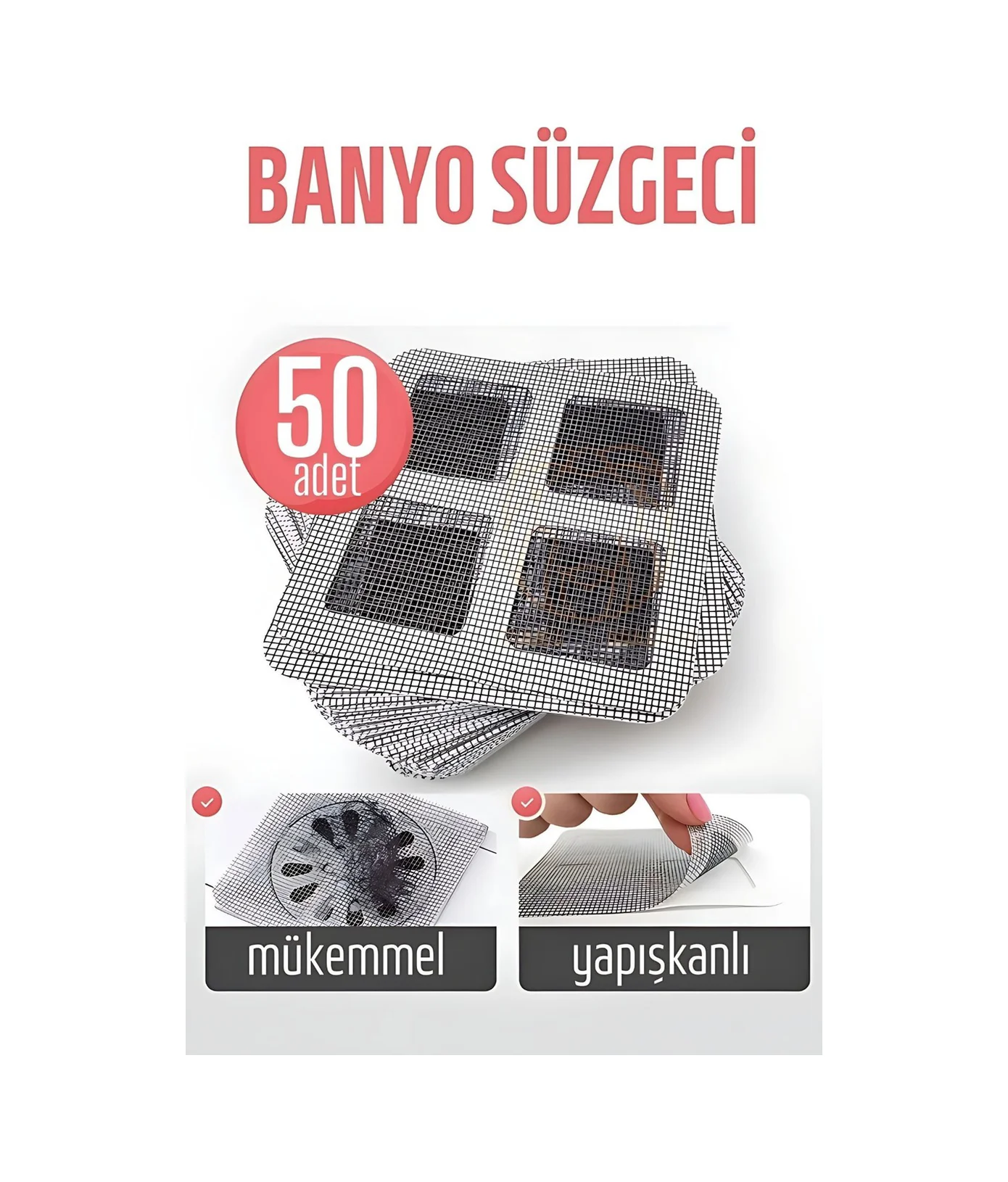 Banyo Gider Süzgeci 50 Adet Yapışkanlı Filtre, 10x10 Cm