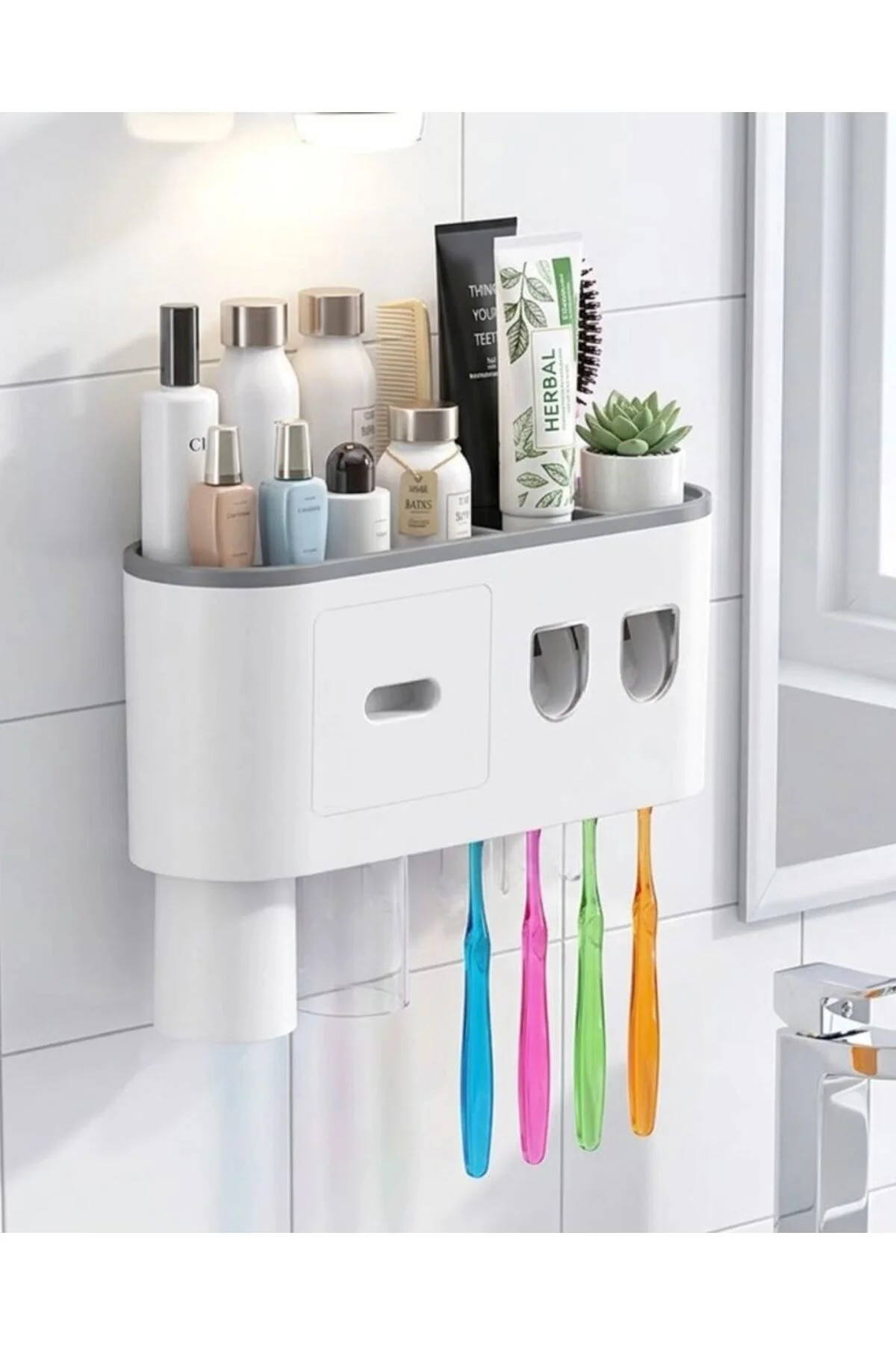 Banyo Organizer Diş Fırçası Tutucu Çift Dispenserli Raflı Çekmece