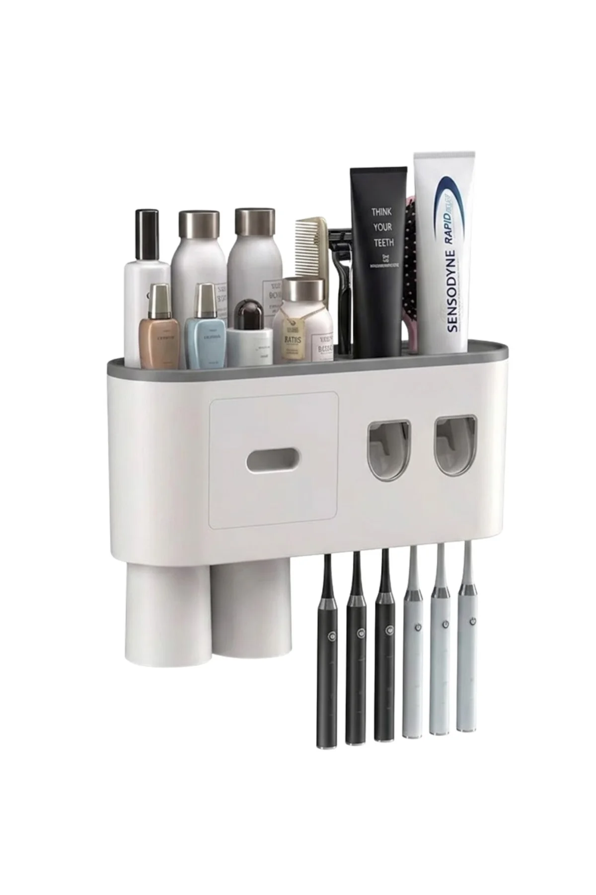 Banyo Organizer Diş Fırçası Tutucu Çift Dispenserli Raflı Çekmece