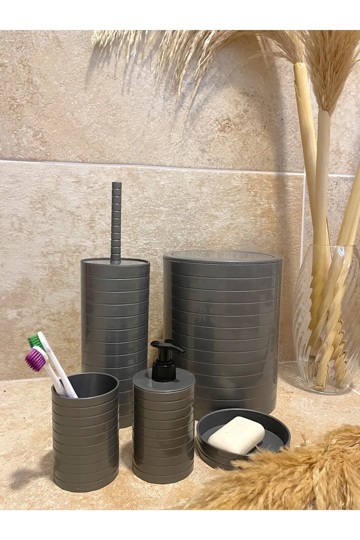 Banyo Seti 5'li Gri Çöp Kovası Wc Fırçalık Sıvı Sabunluk Katı Sab
