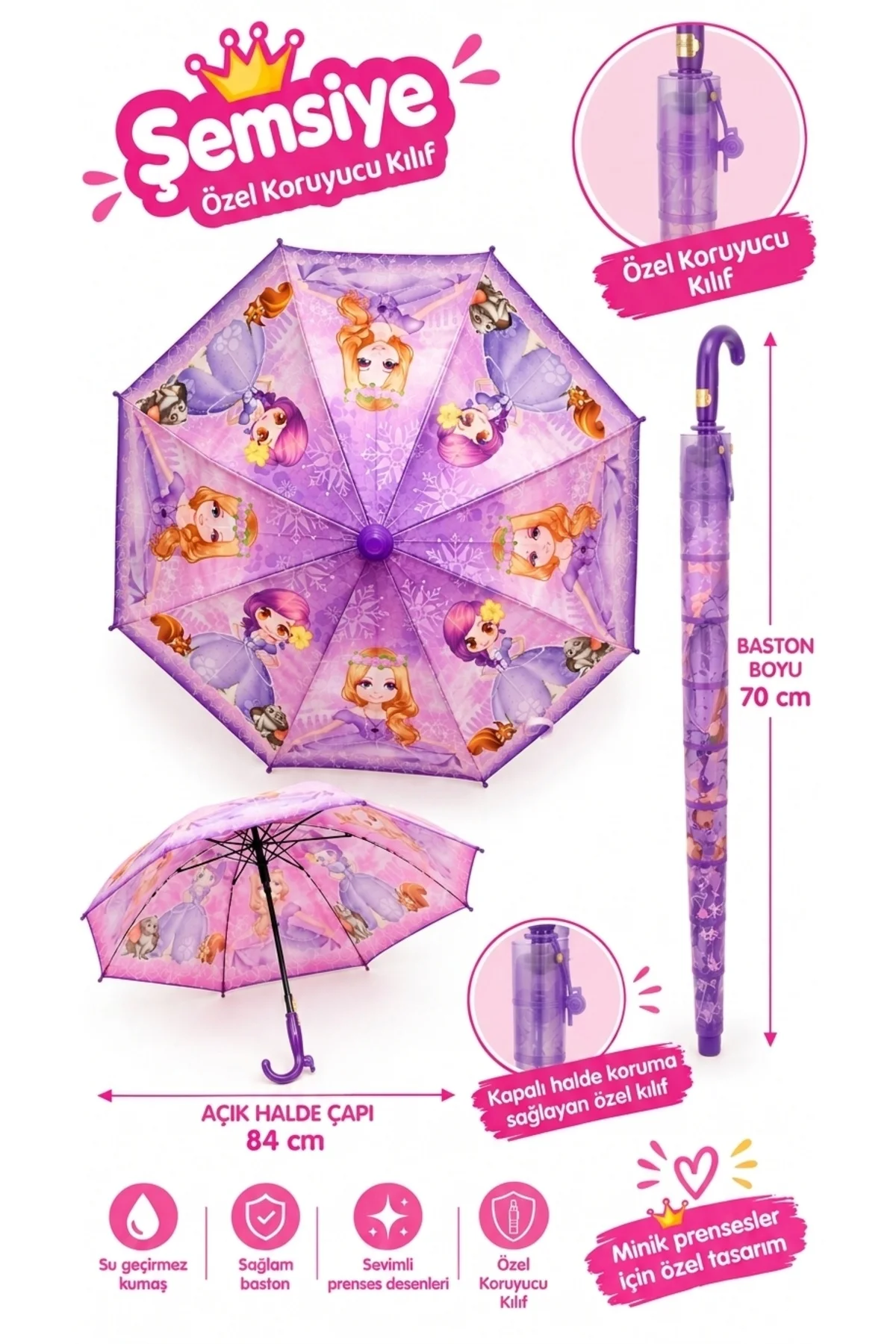 Bardaklı Kız Çocuk Şemsiyesi Prenses Desenli 8 Telli Çocuk Yağmur Şemsiyesi (70 cm ) Bardaklı Kız Çocuk Şemsiyesi Prenses Desenli 8 Telli Çocuk Yağmur Şemsiyesi (70 cm )