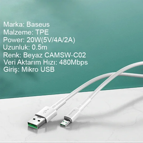 Baseus Mini White Micro USB 4A OPPO VIVO Dash Usb Şarj Kablosu 0.5cm-1852