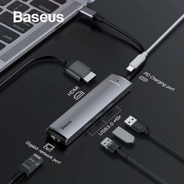 Baseus Usb Type C 6in1 HDMI 3x USB 3.0 RJ45 Çoğaltıcı Adaptör-1852 Baseus Usb Type C 6in1 HDMI 3x USB 3.0 RJ45 Çoğaltıcı Adaptör-1852