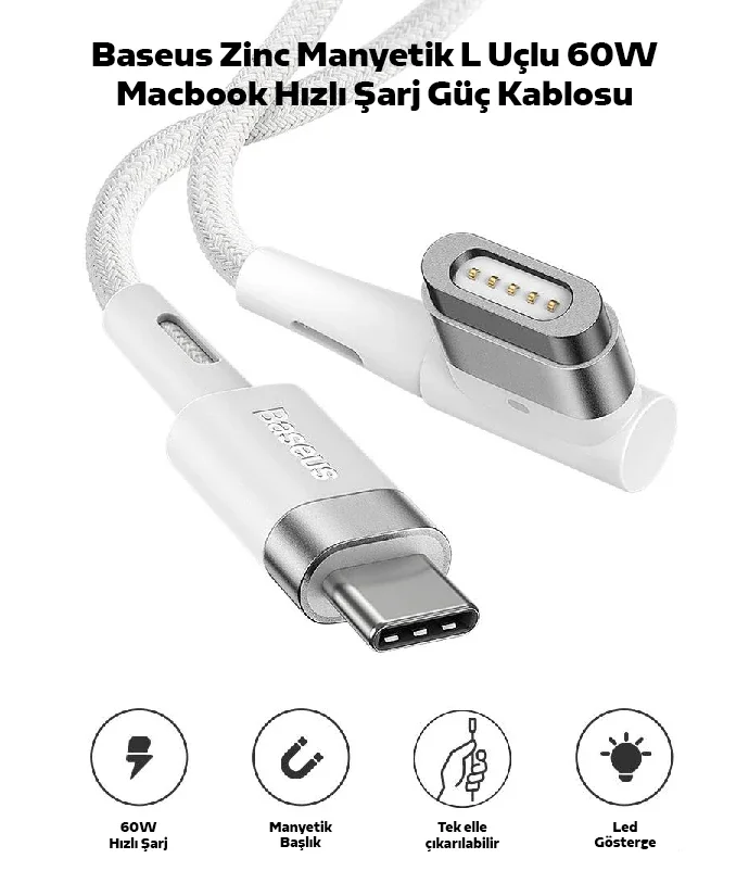 Baseus Zinc Manyetik L Uçlu 60W Macbook Hızlı Şarj Güç Kablosu 2m-1852 Baseus Zinc Manyetik L Uçlu 60W Macbook Hızlı Şarj Güç Kablosu 2m-1852