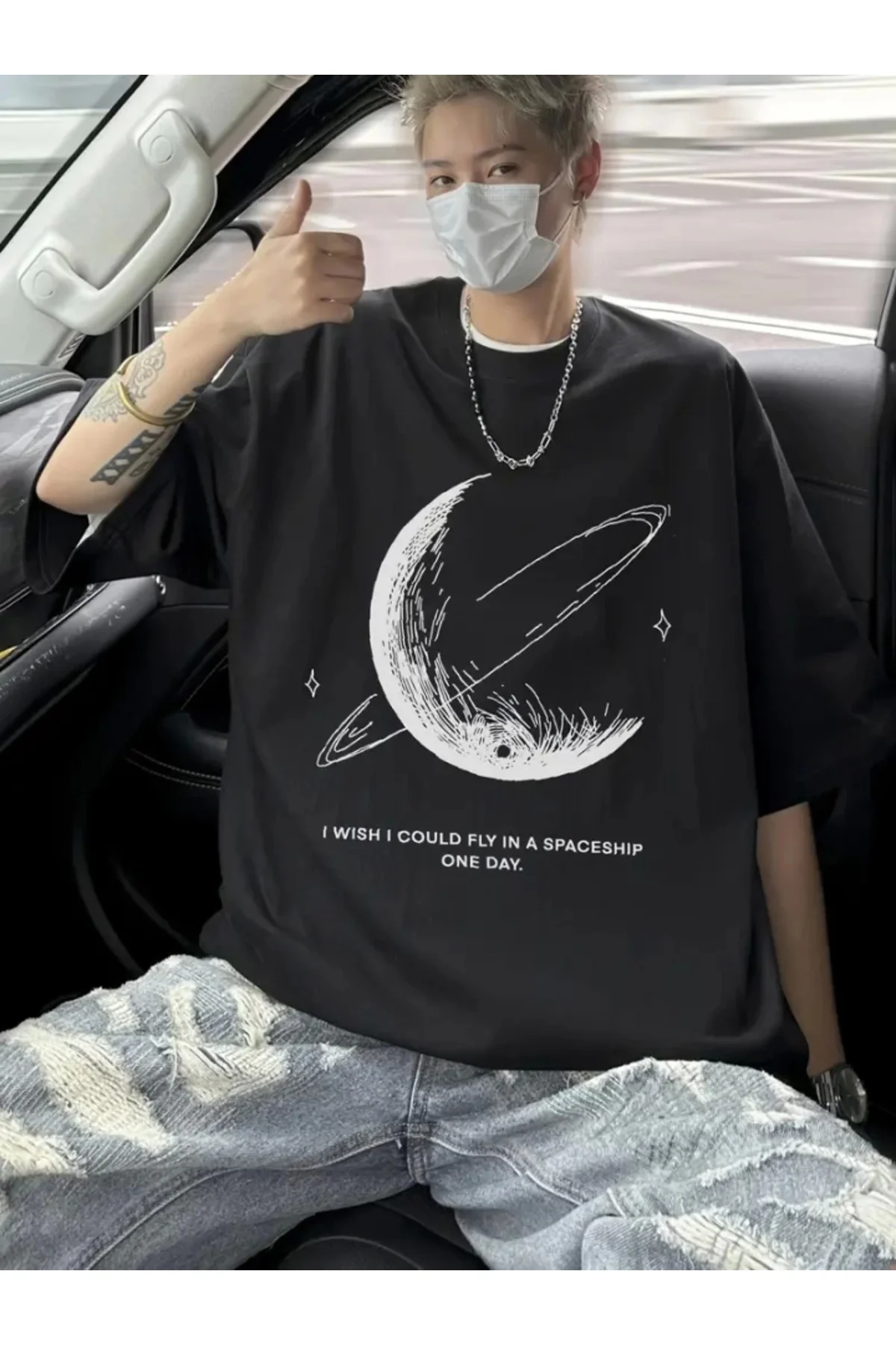 Baskılı Oversize Bisiklet Yaka T-shirt - Siyah
