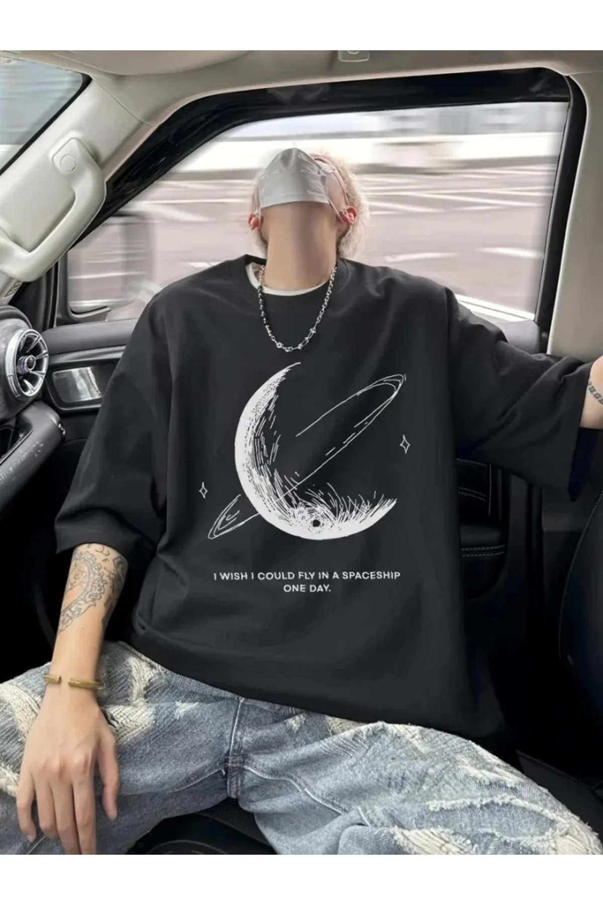 Baskılı Oversize Bisiklet Yaka T-shirt - Siyah