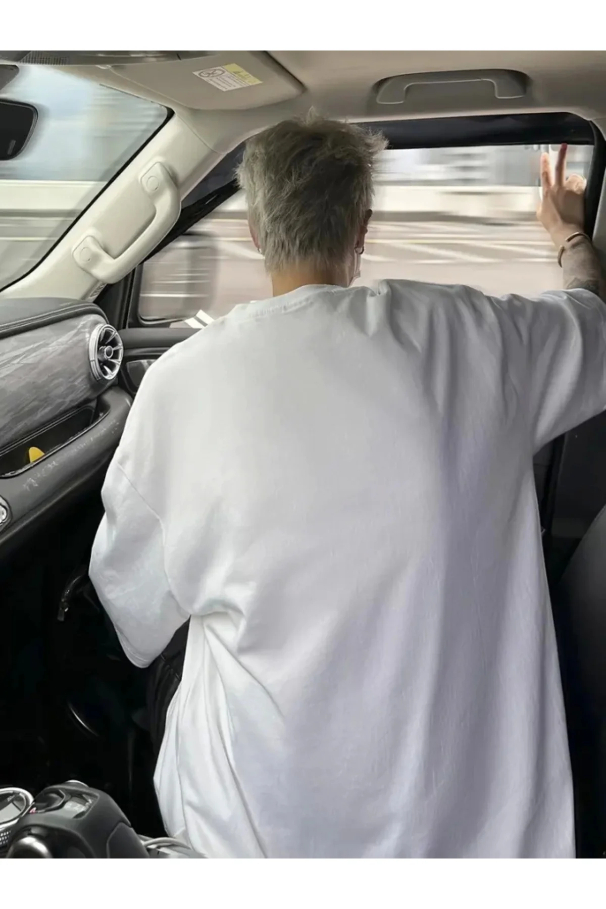Baskılı Oversize Bisiklet Yaka T-shirt - Beyaz