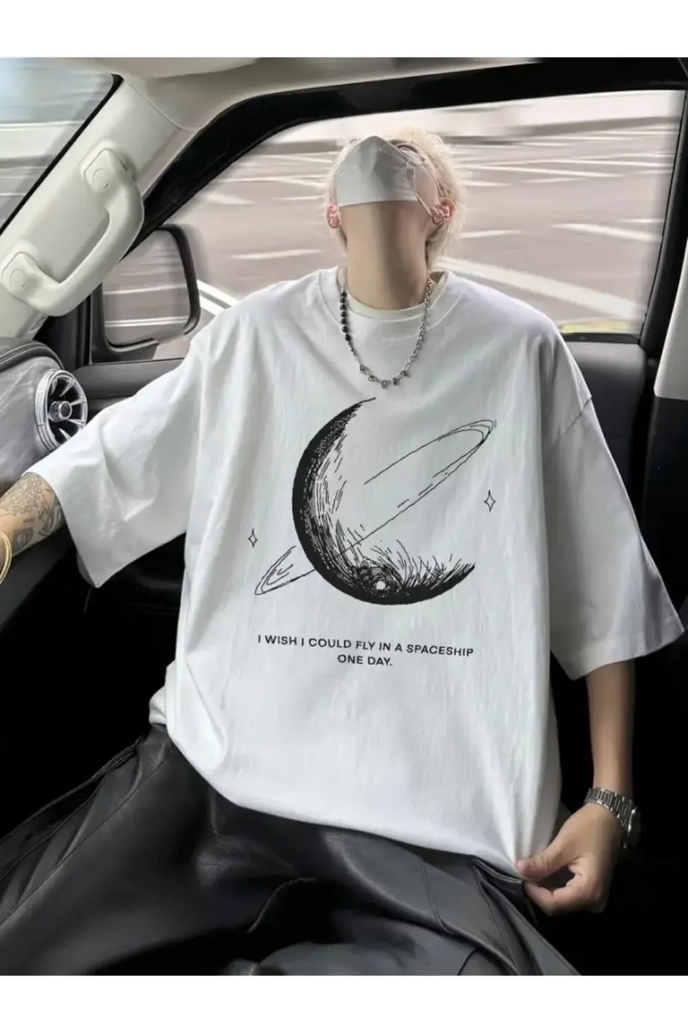 Baskılı Oversize Bisiklet Yaka T-shirt - Beyaz