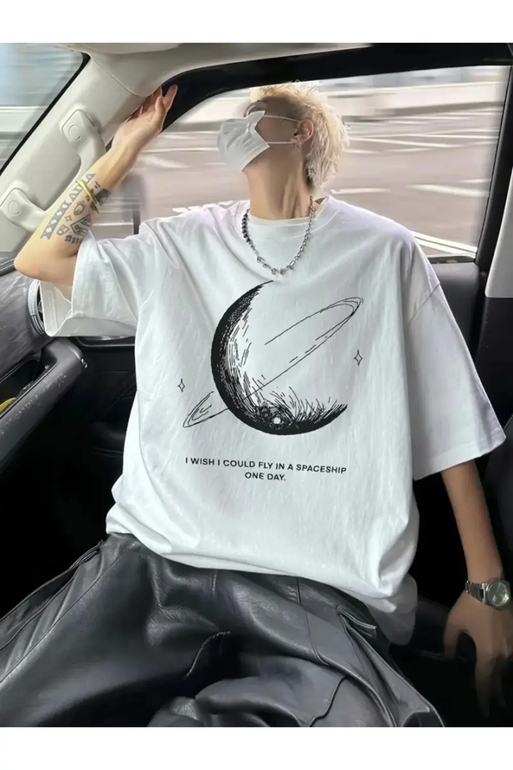 Baskılı Oversize Bisiklet Yaka T-shirt - Beyaz