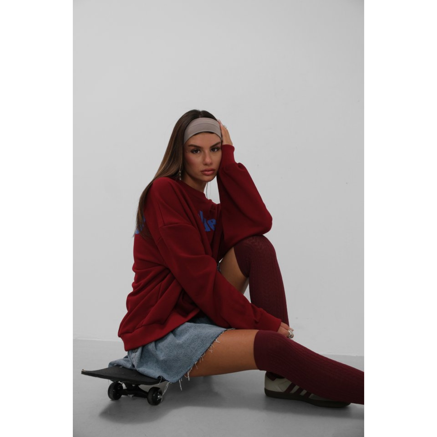 Baskılı Sıfır Yaka Oversize Sweatshirt