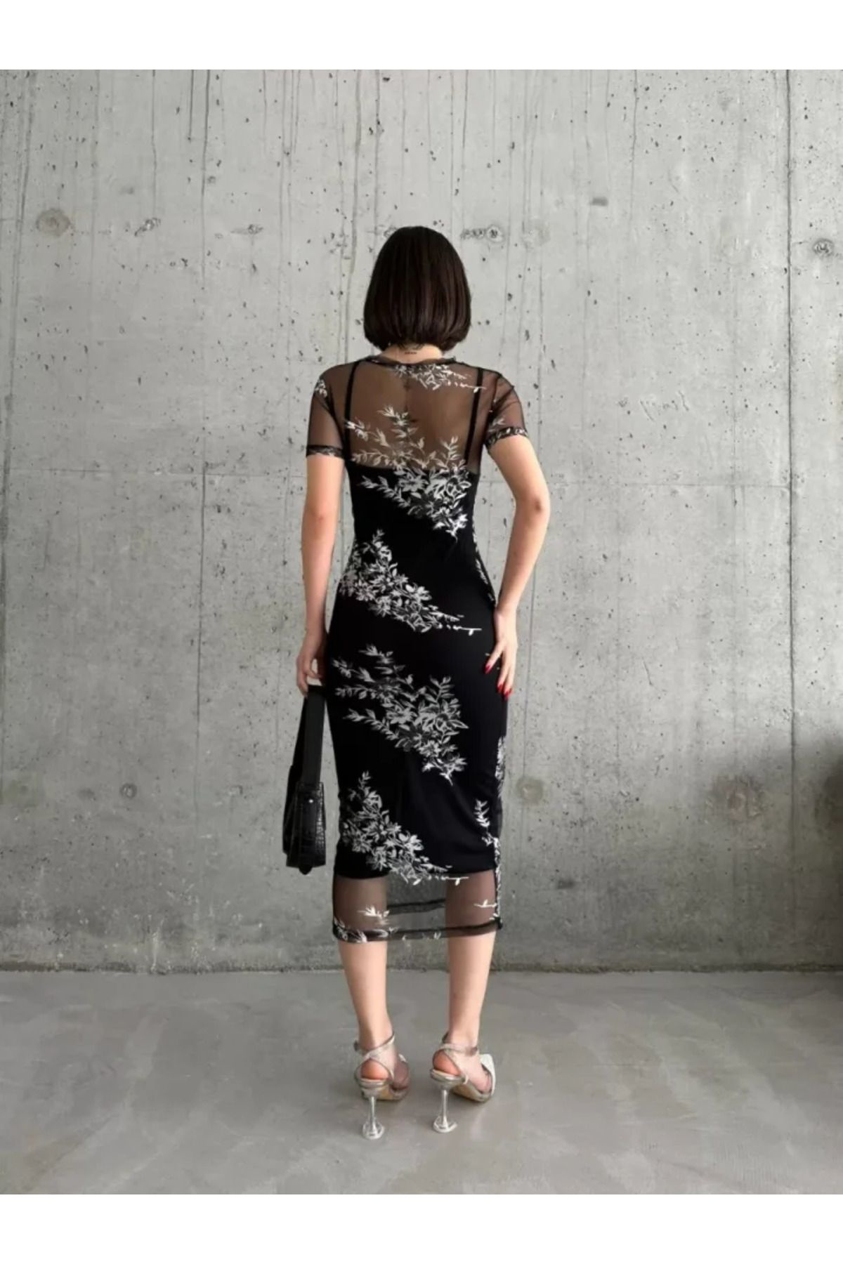 Baskılı Şifon Kimono Elbise - Siyah