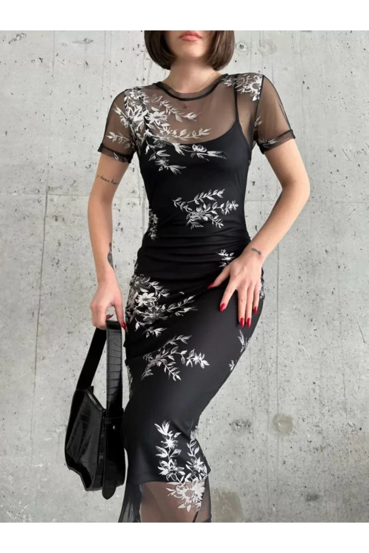 Baskılı Şifon Kimono Elbise - Siyah