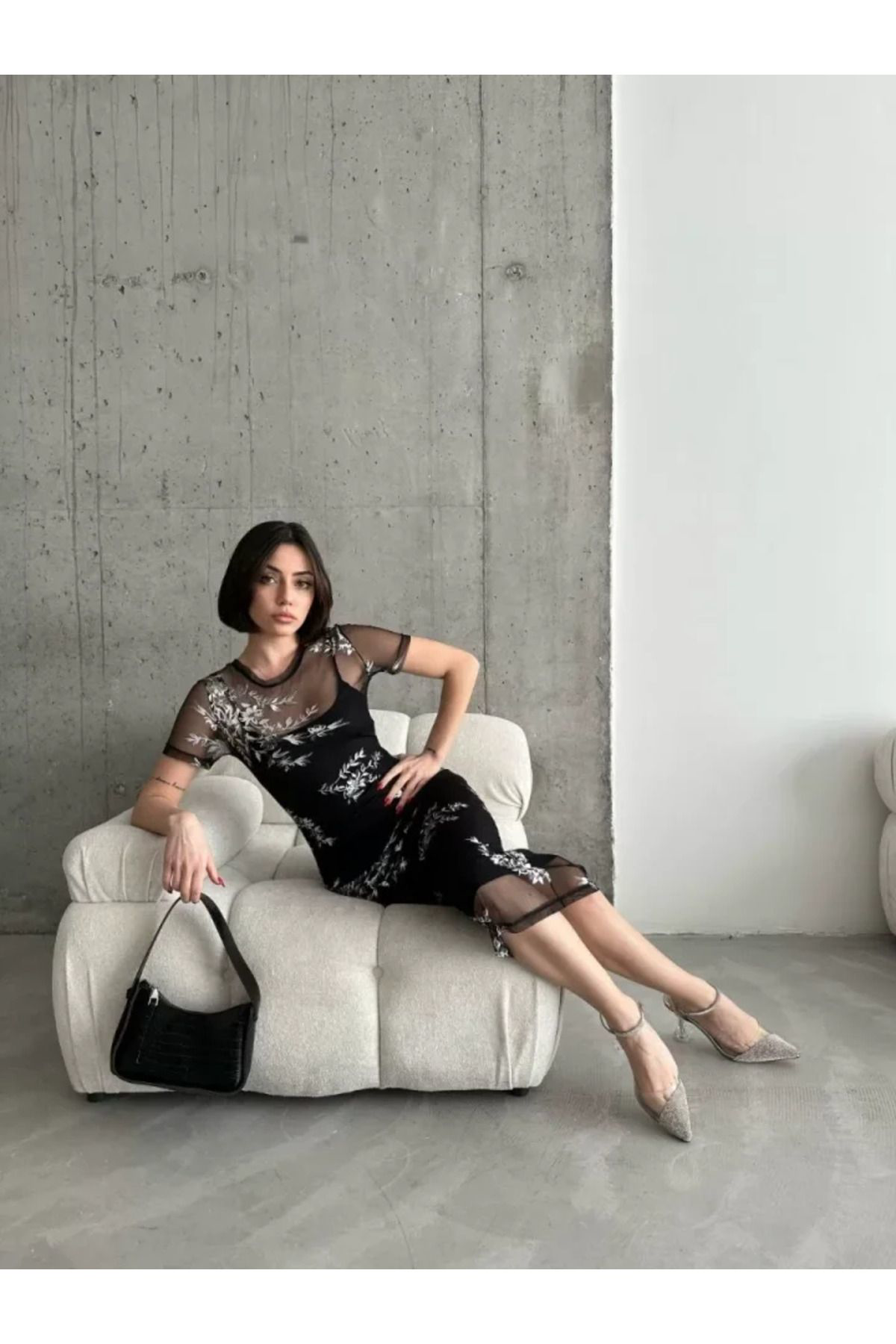 Baskılı Şifon Kimono Elbise - Siyah