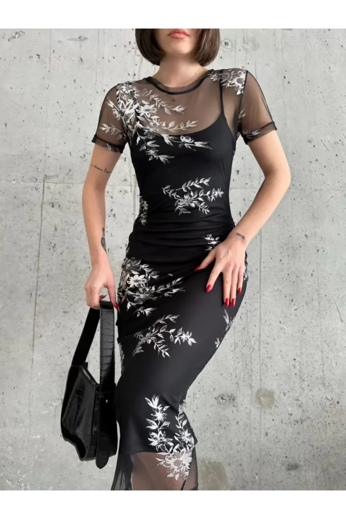 Baskılı Şifon Kimono Elbise - Siyah