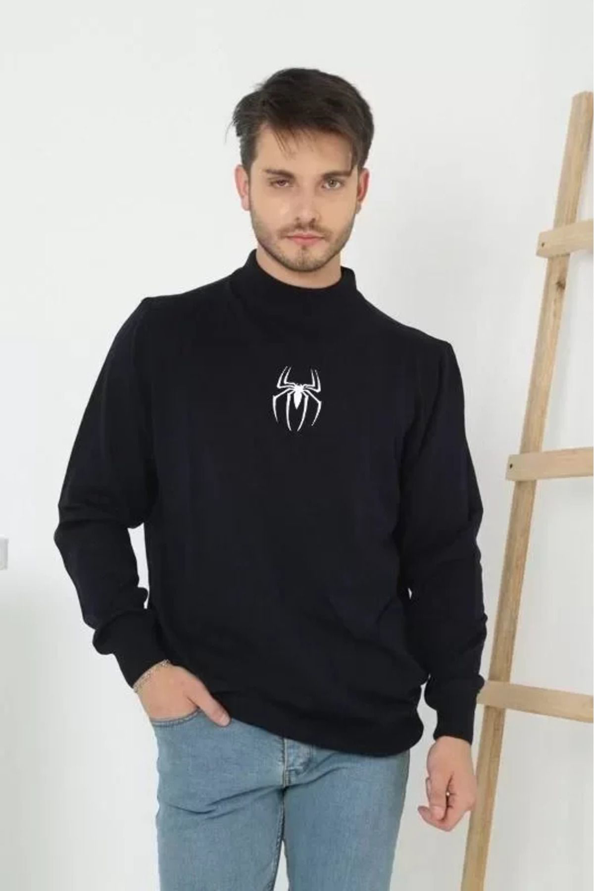 Nivea - Black White Forever Baskili Yarim Boğazli Uzun Kol Dokuma Triko - Siyah