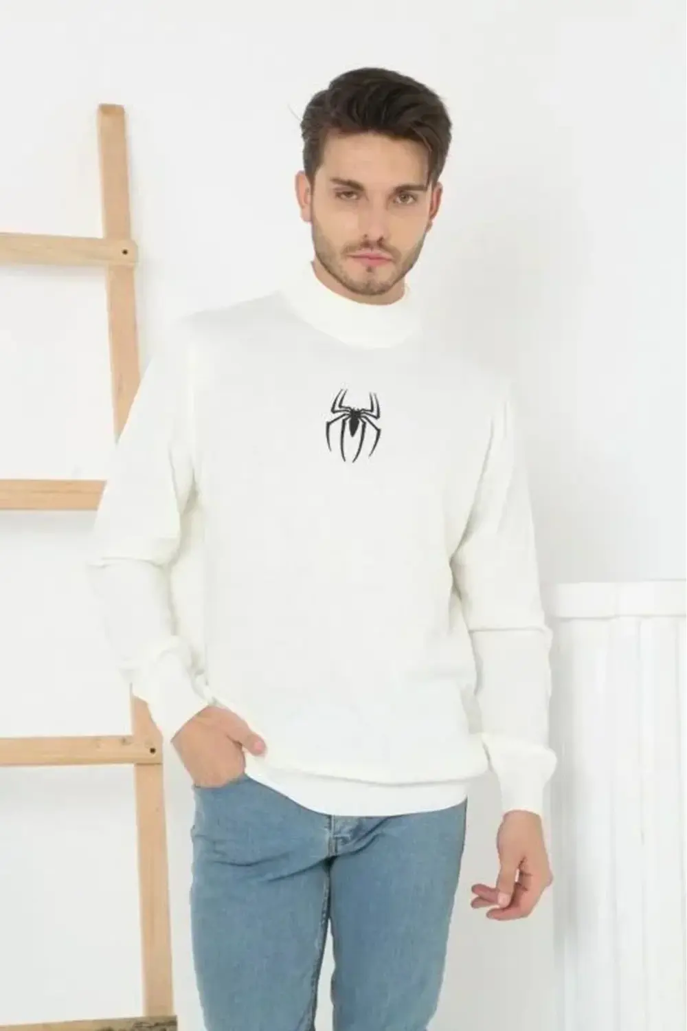 Baskılı Yarım Boğazlı Uzun Kol Dokuma Triko - Beyaz