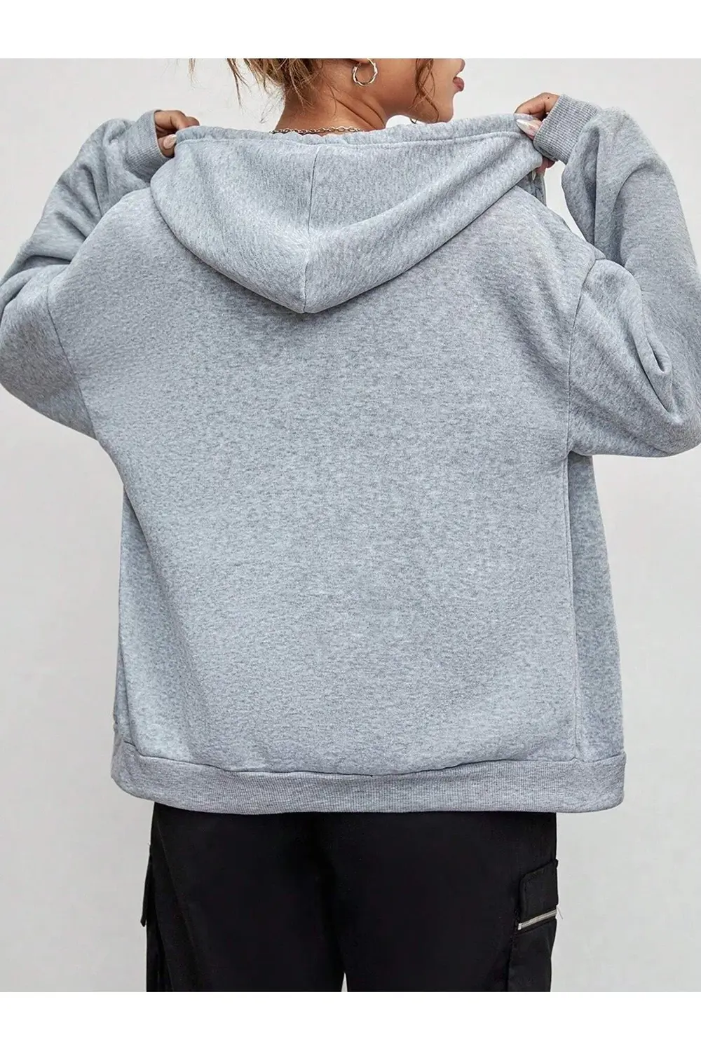 Baskısız Fermuarlı Hırka Sweatshirt - Gri Oversize Kışlık Kalın K