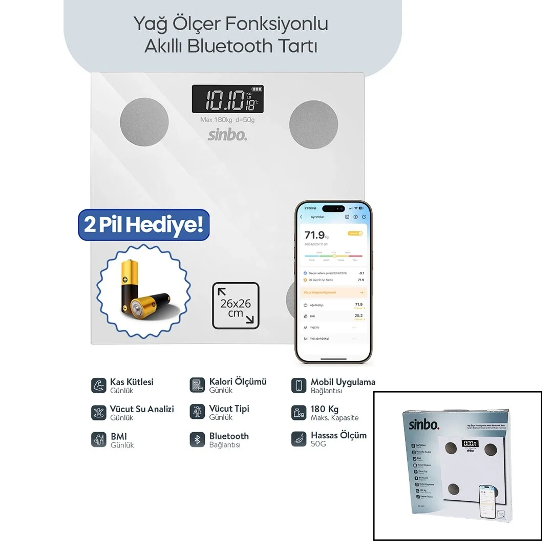 Baskül Beyaz Yağ Ölçer Akıllı Bluetooth Cam Baskül