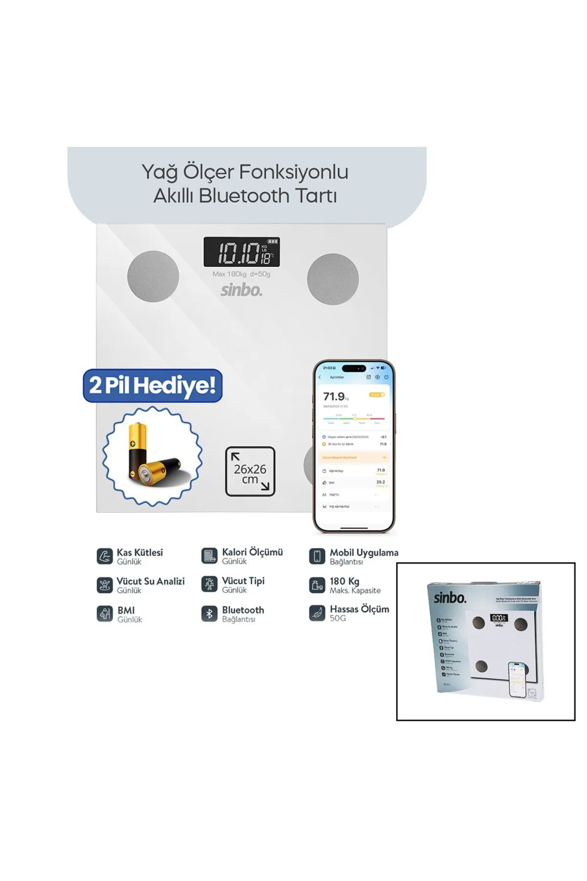 BASKÜL BEYAZ YAĞ ÖLÇER AKILLI BLUETOOTH CAM BASKÜL