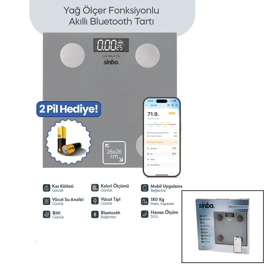 Baskül Gri Yağ Ölçer Akıllı Bluetooth Cam Baskül