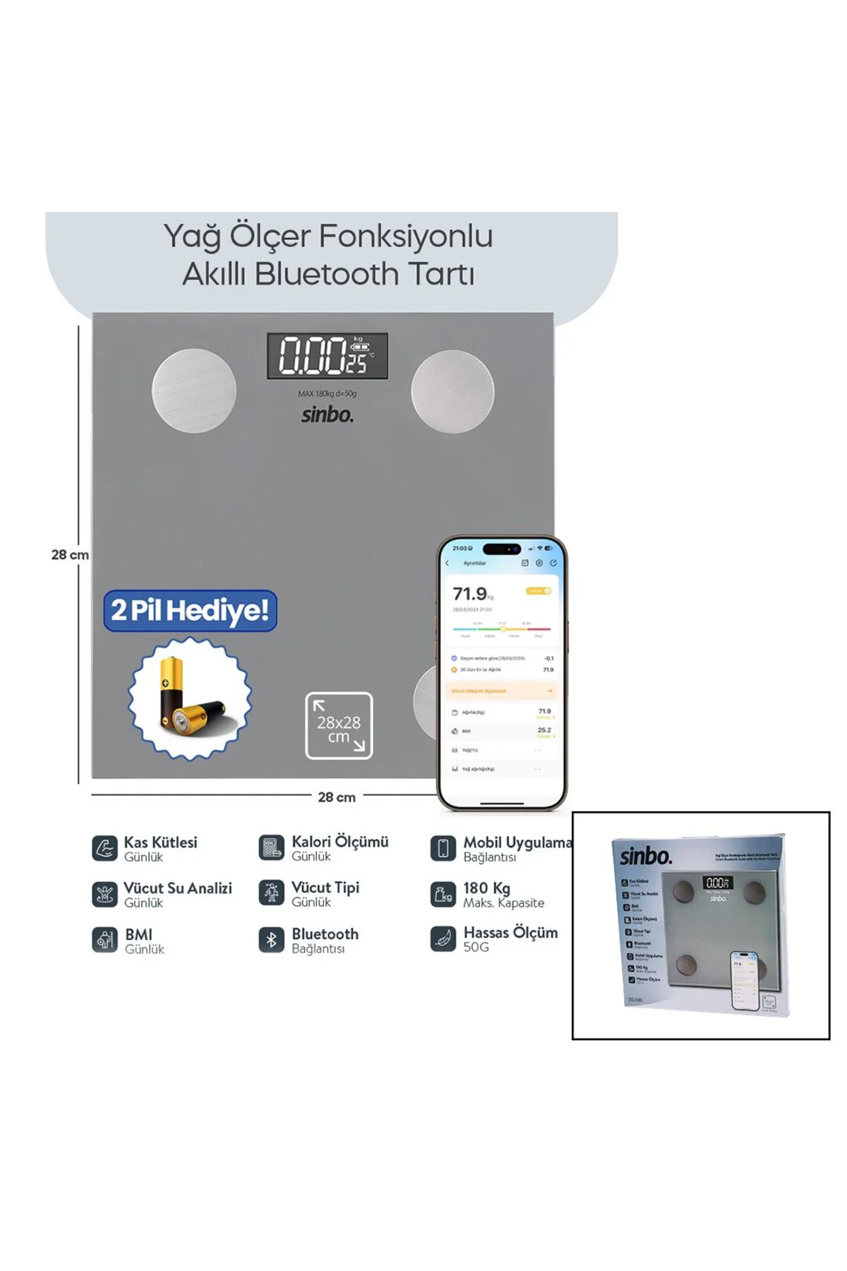 BASKÜL GRİ YAĞ ÖLÇER AKILLI BLUETOOTH CAM BASKÜL