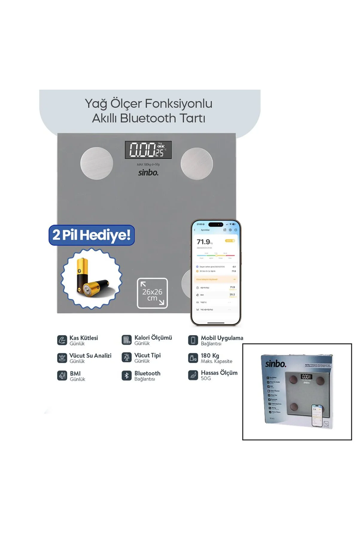 BASKÜL GRİ YAĞ ÖLÇER AKILLI BLUETOOTH CAM BASKÜL