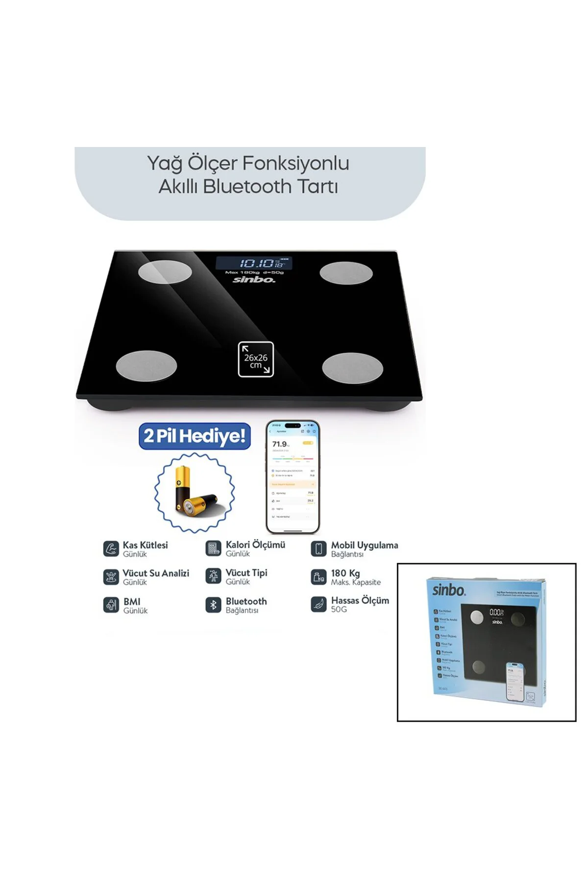 BASKÜL SİYAH YAĞ ÖLÇER AKILLI BLUETOOTH CAM BASKÜL