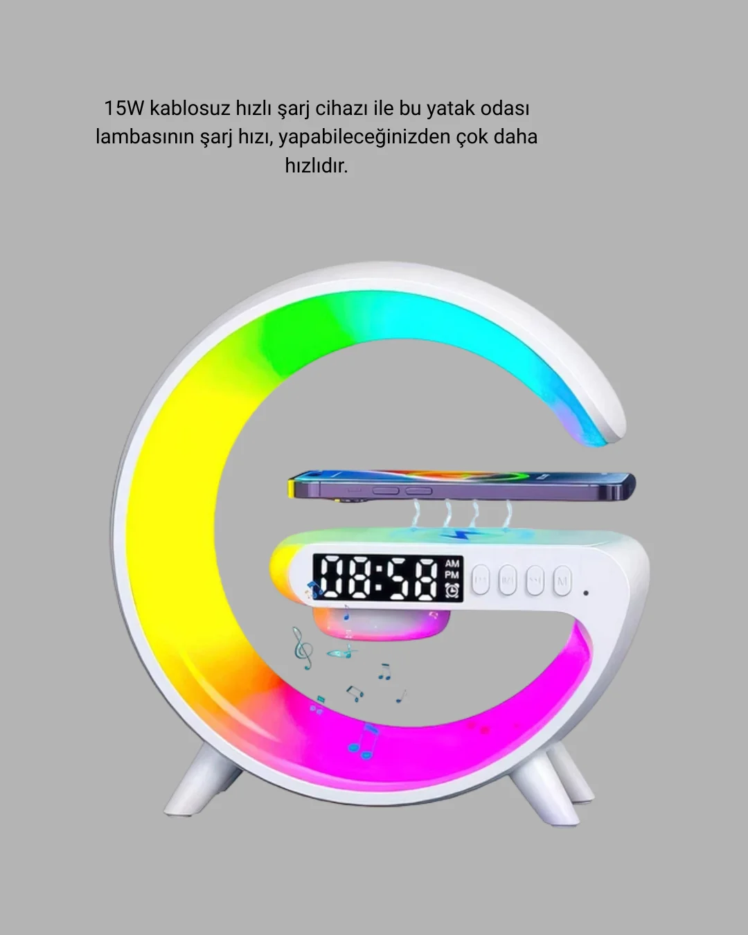 Başucu İçin Tasarlanmış Kablosuz Şarjlı Gece Lambası ve Bluetooth Ses Sistemi