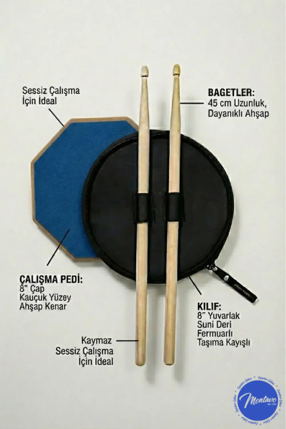 Bateri Davul Drum Pratik Çalışma Pedi Pad Mavi ( 1 Çift Baget + K