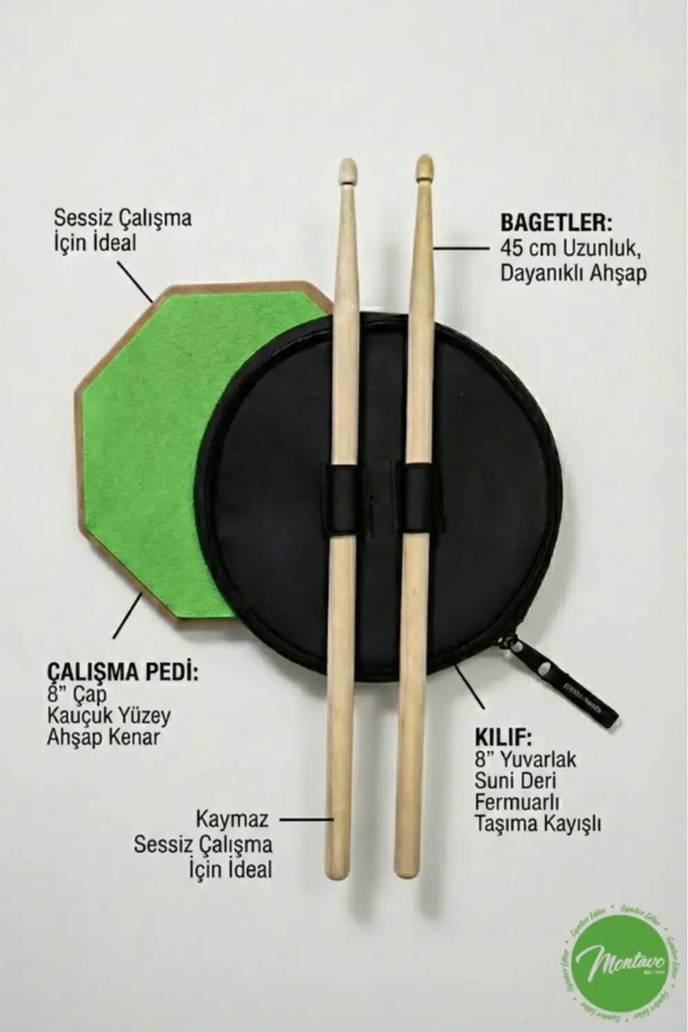 Bateri Davul Drum Pratik Çalışma Pedi Pad Yeşil ( 1 Çift Baget +